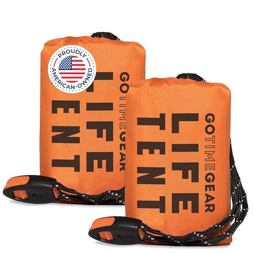 Go Time Gear 2 Pack Survival Mylar Tent - Orange Emergency Shelter with Paracord & Whistle