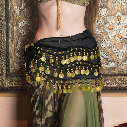 Belly Dance Hip Scarf - Black Chiffon with Gold Coins