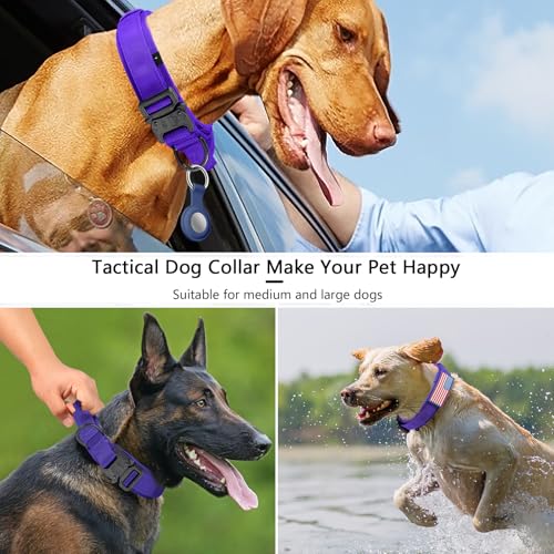 DAGANXI Tactical Dog Collar Purple M - Adjustable Military Nylon Collar with Control Handle & Airtags Case