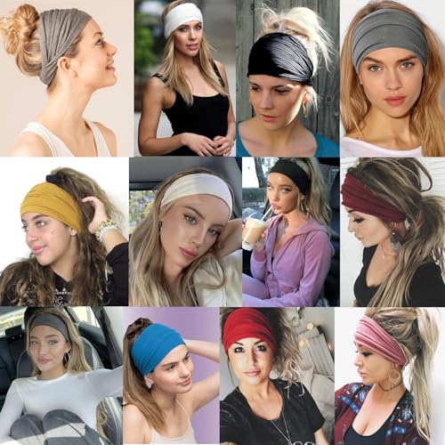 Wide Headbands for Women - 6 Pack Non-Slip Turban Headbands - Black, White, Gray, Beige, Coffee