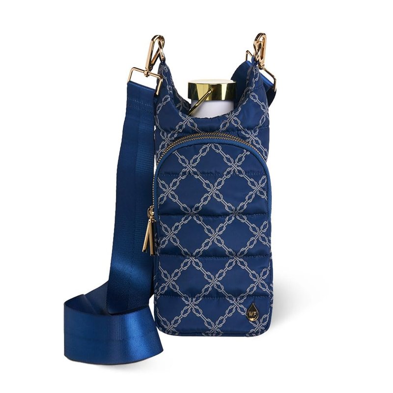 WanderFull® Original HydroBag®, Fits Up to 32 oz Water Bottle Holder with Strap, Gift for Women, Hands-Free Crossbody, Water Bottle Carrier Bag with Phone Pocket - Navy Knot Print