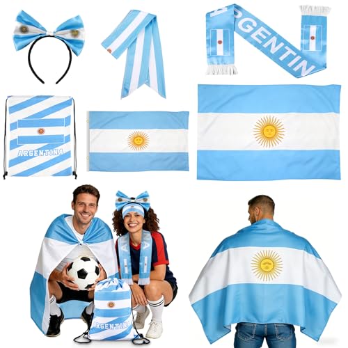 Soccer Fan Cheer Kit - Argentina Flag Cape, Scarf, Headband & Bag