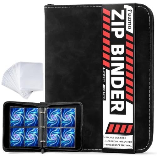 Fuzmo 4-Pocket Trading Card Binder - Black, Holds 400 Cards with Extra Sleeves