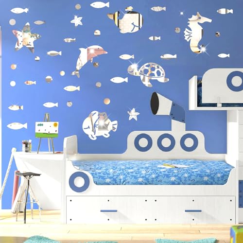Ocean Acrylic Mirror Wall Stickers 3D Mirrors Stickers Ocean Animal Wall Decor Sea Fish Whale Dolphin Marine Wall Decals Under The Sea Wall Stickers for Baby Room Kids Room Bathroom Nursery Decor
