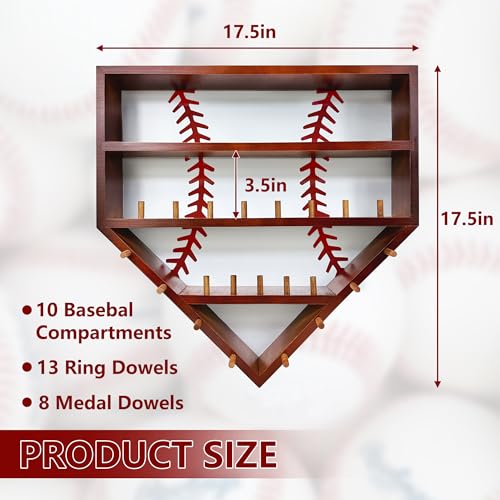 Walnut Baseball Display Case - Wall-Mounted Shelf for 10 Balls, 13 Rings & 8 Medals (Montex)