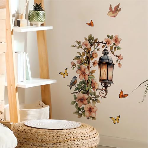 Street Lamp Flower Butterfly Wall Stickers, sacinora Streetlight Floral Art Wall Decals Removable Vinyl Peel and Stick for Living Room Bedroom Playroom Home Decorations