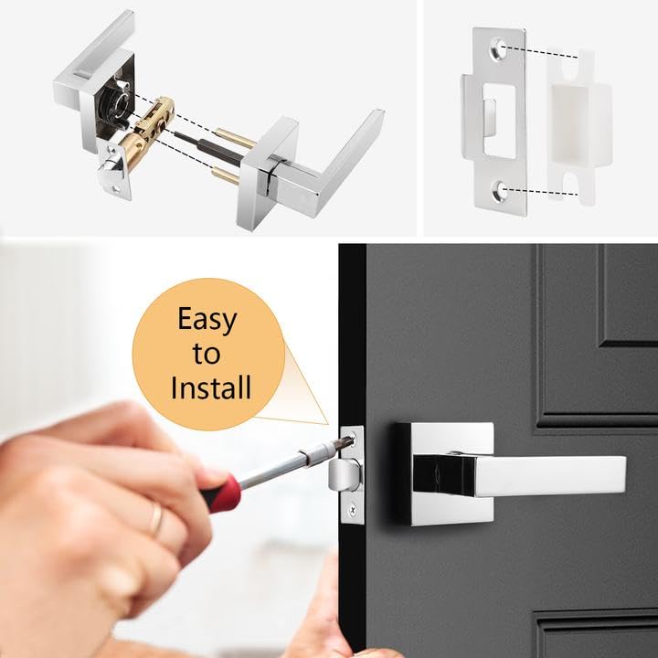 Probrico 5 Pack Hall & Closet Passage Door Levers Non-Locking Polished Chrome Handleset Keyless Feature Modern Square Door Handles Interior Heavy Duty Hardware