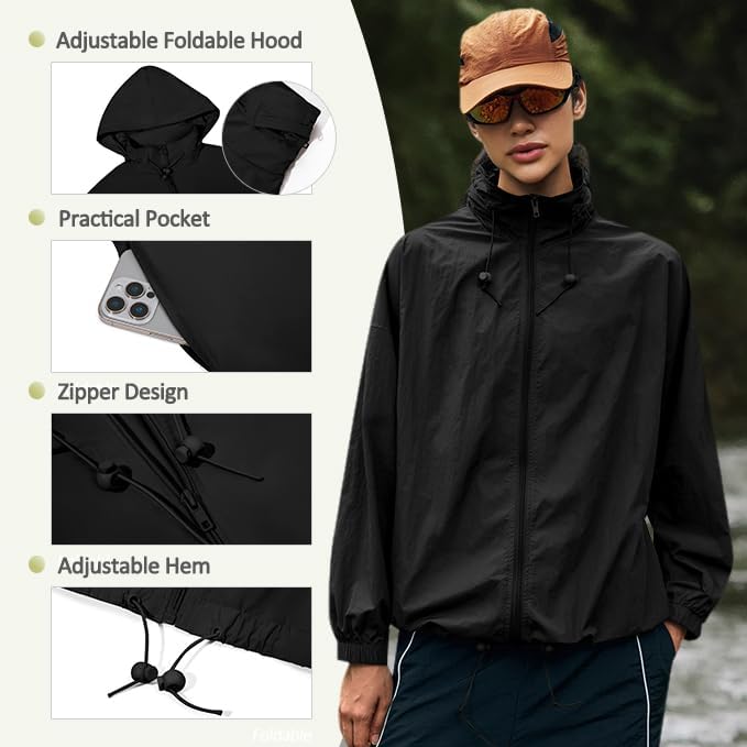 Yousify Women's Waterproof Rain Jacket - Lightweight Hooded Windbreaker for Outdoor Hiking | Pocket Included