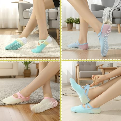 6 Pairs Color Gradient Pilates Socks for Women with Straps