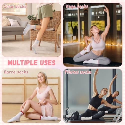 Pilates Grip Socks for Women - Non-Slip, 4 Pairs in Pink, Blue, Black, Red