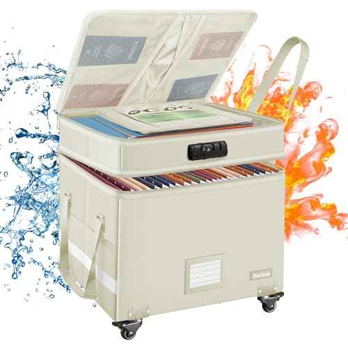 DocSafe Fireproof Document Box with Lock,2-Layer File Box with Wheels,Collapsible File Storage Organizer with Pockets,Large Portable Office Filing Cabinet for Hanging Folders,Beige,16''x13.8''x12.2''