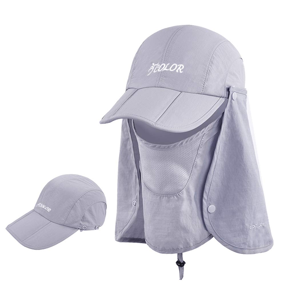 icolor Sun Hats for Men Women with Neck Flap,Foldable Sun Cap Fishing Sun Hats,Summer UPF50+ Sun Protection Ponytail Hats LightGray