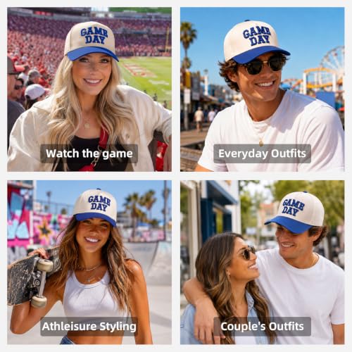 Gameday Vintage Embroidered Football Season Baseball Cap - Beige-Blue, Sports Fan Hat