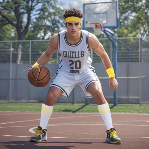 5-Piece 80s Striped Sweatbands and Socks Set - Yellow & White