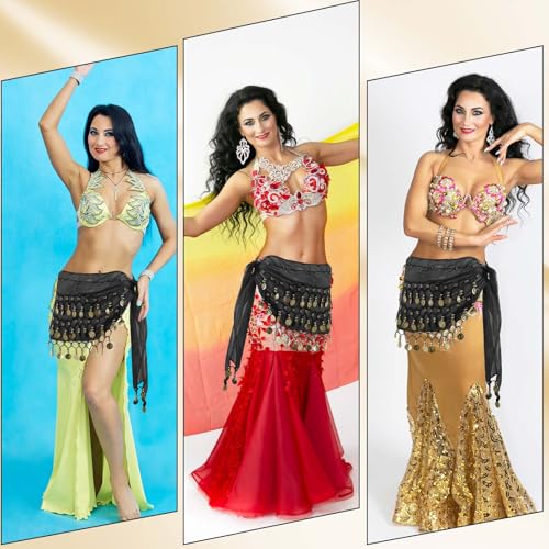 Belly Dance Hip Scarf with Sequins and Coins - Black