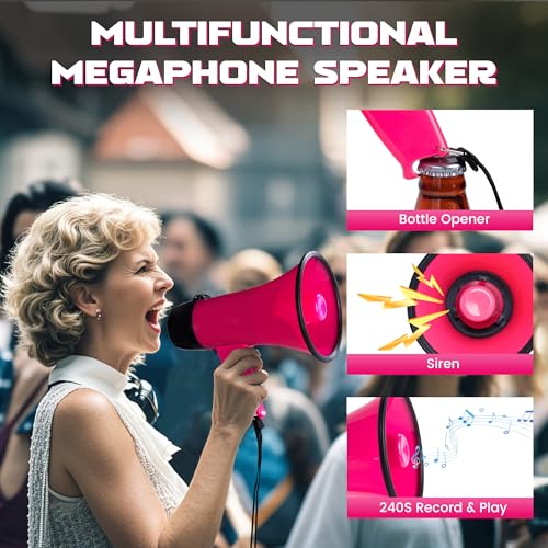 Pink MyMealivos 20W Megaphone Bullhorn with Recording & Siren, 300ft Range, Portable Indoor & Outdoor Use