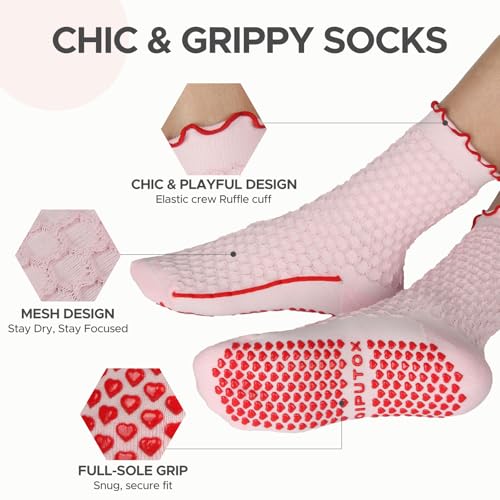 Non-Slip Pilates & Yoga Socks with Grips - Ruffle Crew Style - Multi02