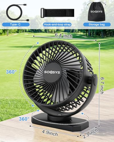SOQSYS 12000mAh Rechargeable Magnetic Golf Cart Fan Black 1-Pack