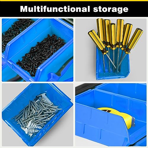 Ultrawall Wall Mounted Storage Bins, Plastic Hanging Storage Organizer Bins, Garage Tool Storage System for Screws, Nuts, Bolts, Nails, and Small Hardware Parts, 12x bins & 3 x rails, Blue