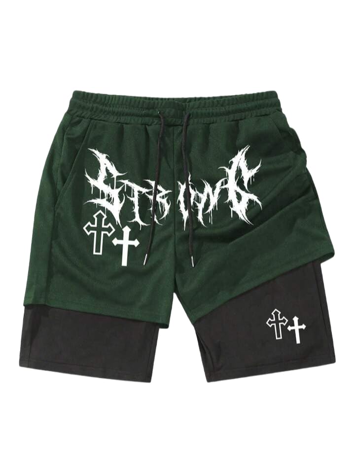 QJQ Men's Green 2-in-1 Goth Graphic Shorts - Medium, Elastic Waist, Summer Casual Workout