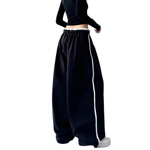 PEAINJ Wide Leg Sweatpants for Women Men Baggy Y2k Sweatpants Elastic Waist Drawstring Joggers Pants Hip Hop Clothes Black-M