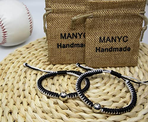 Handmade Braided Baseball Bracelet Set - Adjustable Wristbands - Black 2PCS