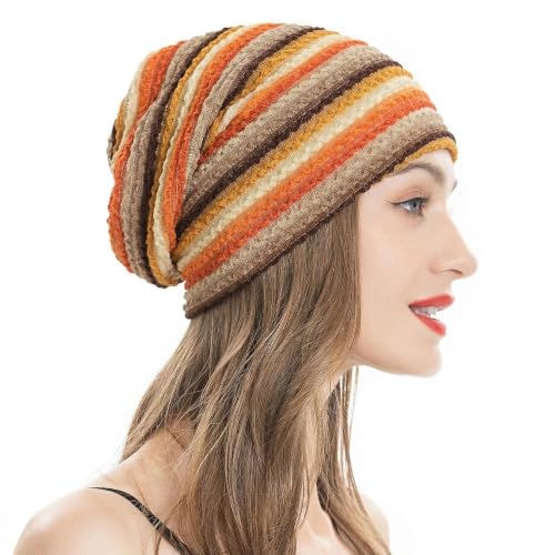 ZLYC Women's Striped Orange Knit Slouchy Beanie Hat - One Size Thin Skull Cap