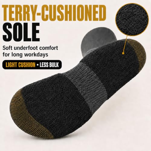 Men's Athletic Crew Socks - Light Cushion Work Socks, Large, Black/Gold (5 Pairs)
