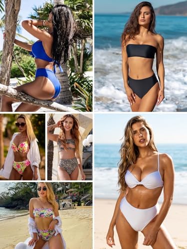 High Waisted Bikini Bottoms for Women - Tummy Control - Colorful Leaves - Small