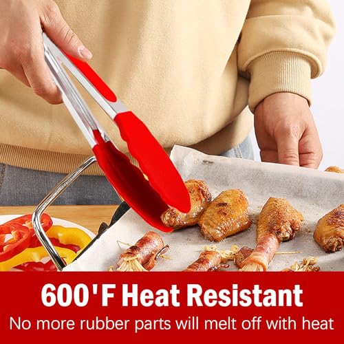 Heat-Resistant Silicone Kitchen Tongs - 9 & 12 Inch Red Set