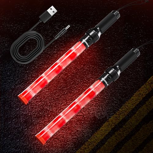 2 Pack 16 Inch Rechargeable Traffic Wand, Red Traffic Control Baton with 2 Flashing Modes, LED Safety Light Wand, Air Marshaling Wand for Airport, Parking, Car Directing
