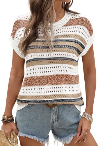Womens Crochet Cap Sleeve Sweater - Khaki Stripe, Small