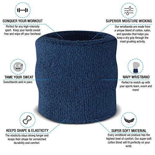 Wrist Sweatbands - Absorbent Cotton Bands for Gym & Sports - Navy
