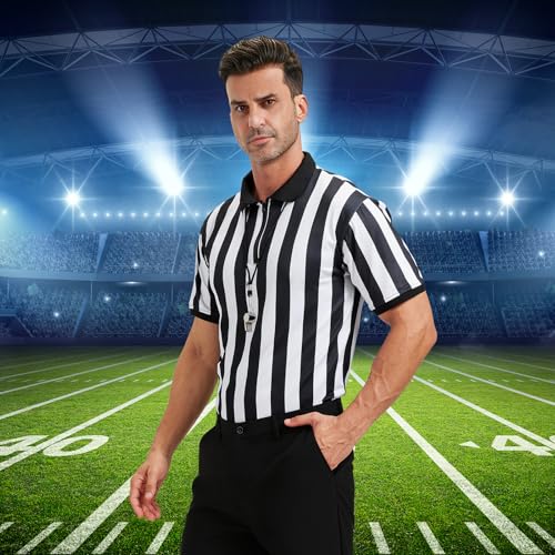 Men's Referee Costume Kit - Striped Shirt, Whistle & Flag - Large