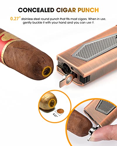 FANKAI Bronze 4 Jet Torch Flame Cigar Lighter with Punch & Holder, Windproof Refillable