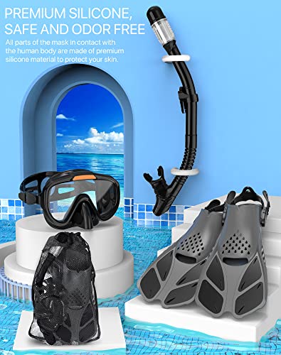 4-in-1 Snorkeling Gear Set for Adults - Mask, Snorkel & Fins - Black ML/XL