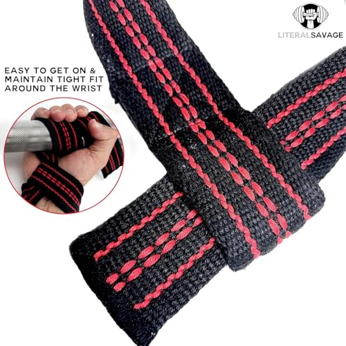 Powerlifting Straps - Heavy Duty Cotton Wrist Wraps Red with Grey Stripe
