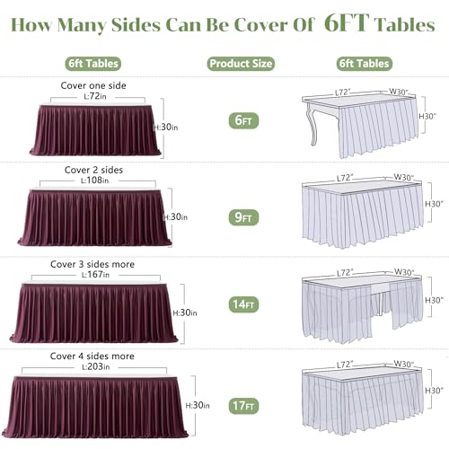 6ft Burgundy Polyester Table Skirt for Rectangle Tables - Wrinkle-Resistant Pleated Ruffle
