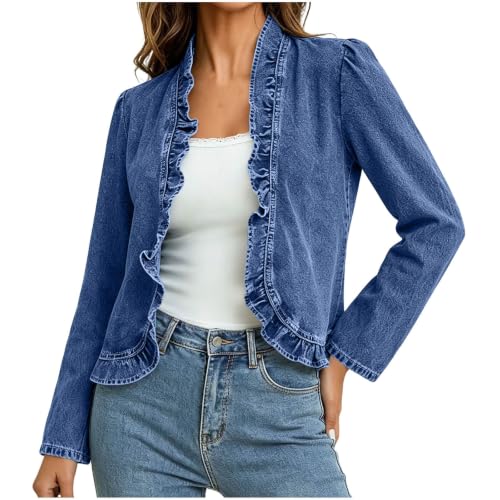 Ruffle Trim Long Sleeve Denim Cardigan - Large, Dark Blue