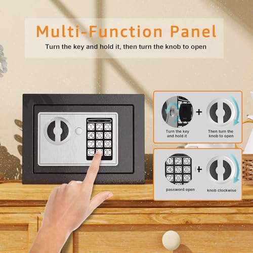 Goldenkey Small Safe with Keys&Code for Money Cash and Coin, Digital Mini Kids Safe Bank for Home, 6.69"D x 9.05"W x 6.69"H, 0.3 Cu.Ft.