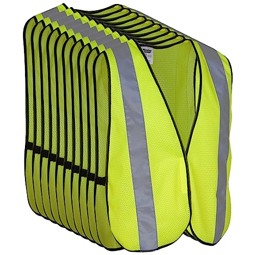 Safety Vest with High Visibility - 2 Inch Reflective Strips, Bright Neon Yellow, Breathable Polyester Mesh Fabric, ANSI ISEA Class Unrated, Hi Viz All Day and Night (10 Pack - XL-XXXL)