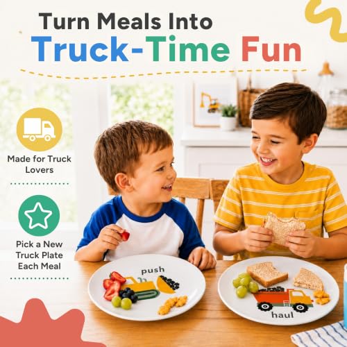 Multicolor Construction Toddler Plates Set of 4 - 10-inch Kids Dinnerware with Mixer Excavator Bulldozer Dump Truck