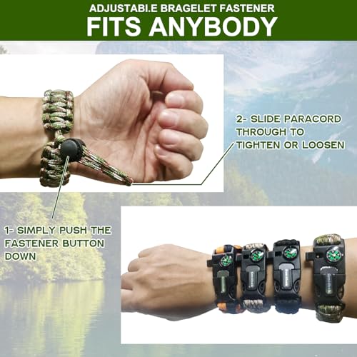5-in-1 Survival Paracord Bracelet - Adjustable with Whistle, Compass, Fire Starter - 4-Pack Multi-Color