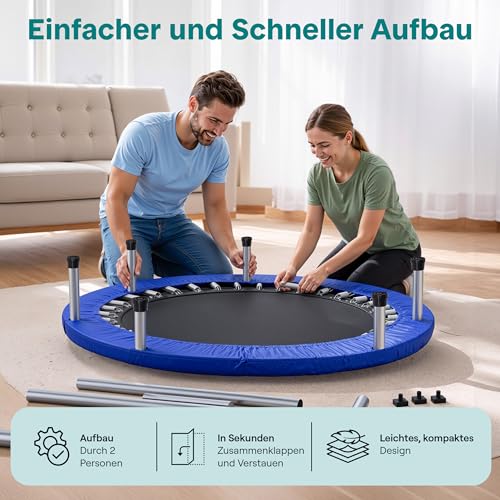 Foldable Mini Trampoline for Adults - Deep Blue Fitness Rebounder with Adjustable Handle, Max Load 330lbs