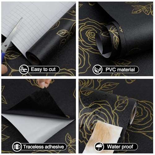 Amiya Black and Gold Floral Wallpaper Peel and Stick Wallpaper Line Boho Retro Renovation of Bedrooms,Cabinets,Etc Contact Paper 17.3" X 120" PVC Removable Wall Paper