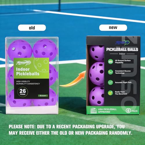 Purple USAPA Approved Indoor Pickleball Balls 6 Pack - 26 Holes, Durable & High Visibility