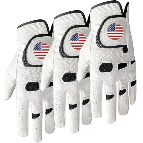 Golf Gloves for Men - Left/Right Hand - 3 Pack - White Large