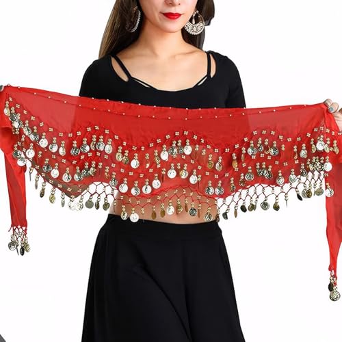Red Belly Dance Hip Scarf with Gold Coins - 59 Inches