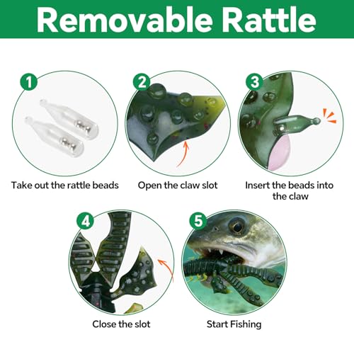 Soft Plastic Crawfish Lures with Removable Rattles - 5.5 Inch, Green, 3Pcs