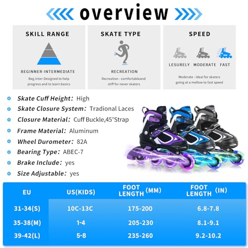 Adjustable Inline Skates for Kids with Light Up Wheels - Blue Medium